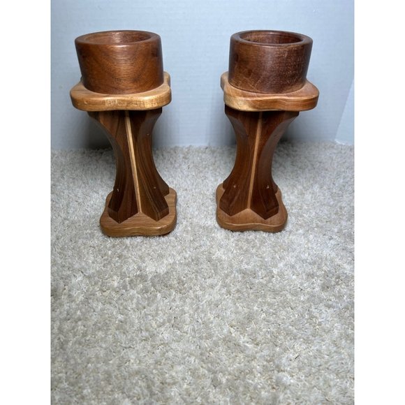 Vtg homemade wooden candleholders - Picture 1 of 5